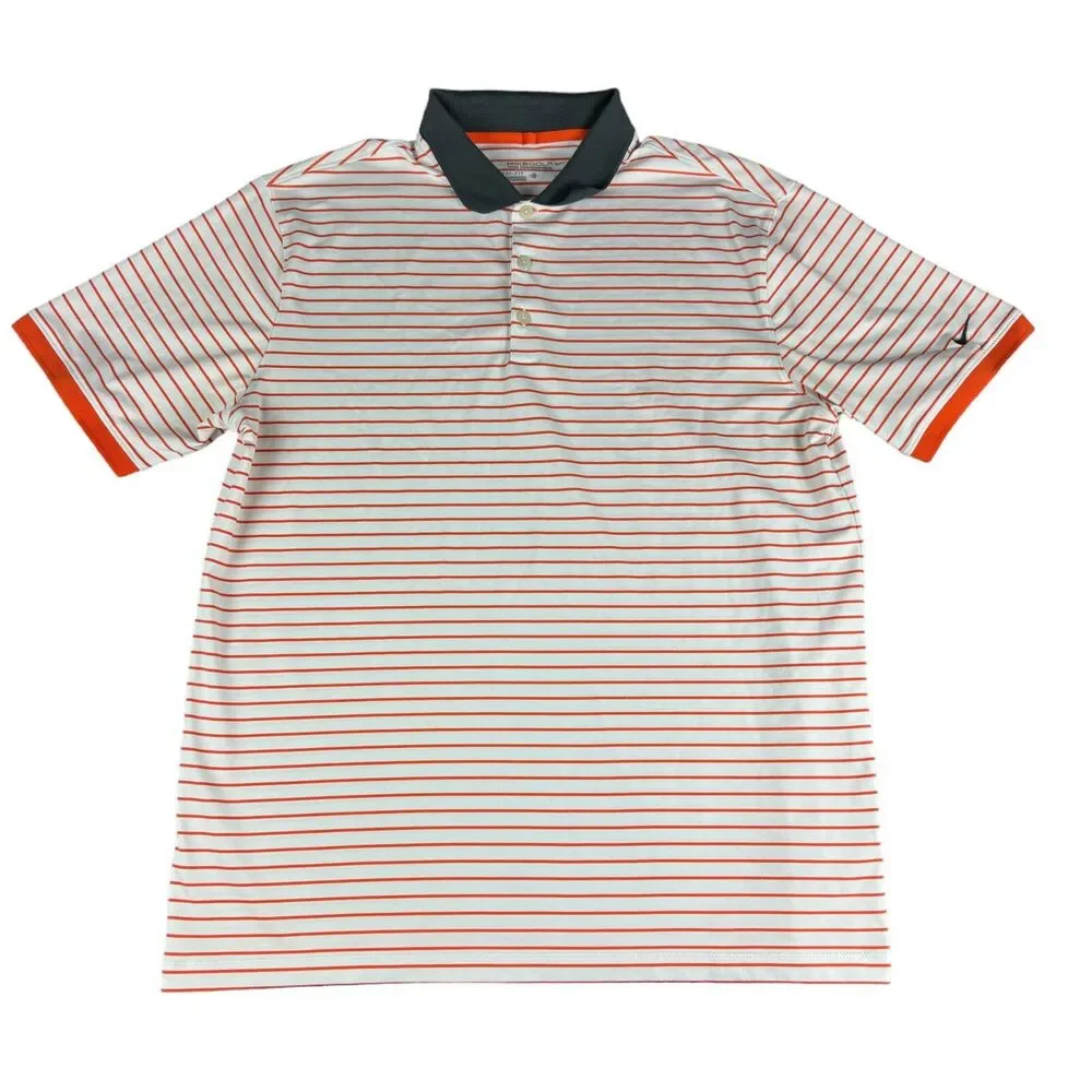 NIKE Golf Polo Shirt Mens Large White Orange Striped Short Sleeve Preppy Sporty